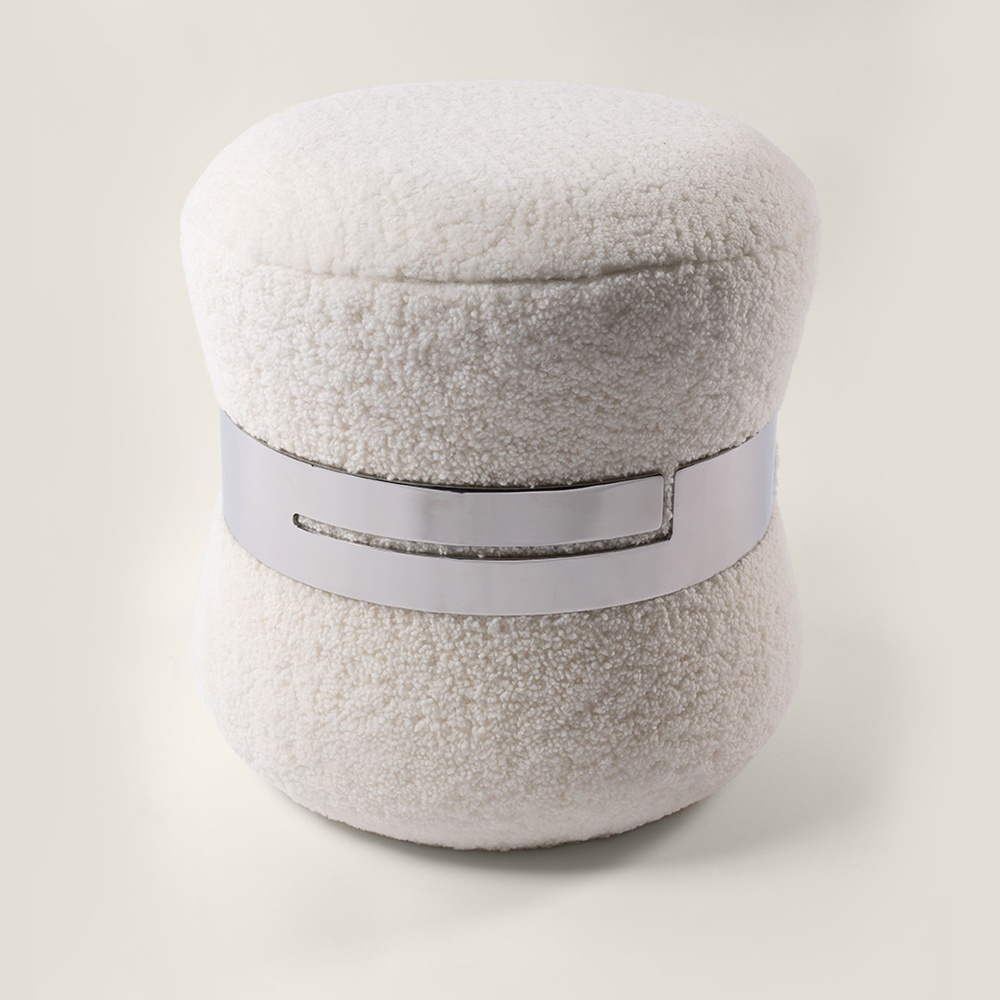 Pouf de créateur de luxe, blanc et métal, hauteur d'assise 52 cm