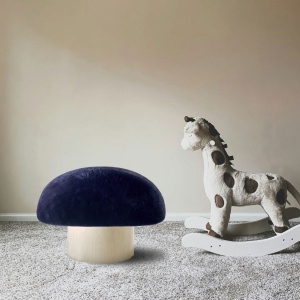 Children's pouf in dark blue shearling and beech wooden foot, Norki creation