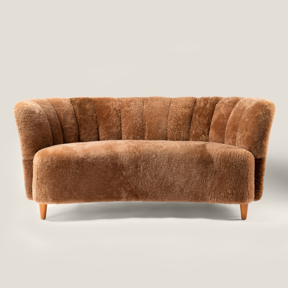 Vintage banana sofa, unique Scandinavian design furniture, renovated in shearling