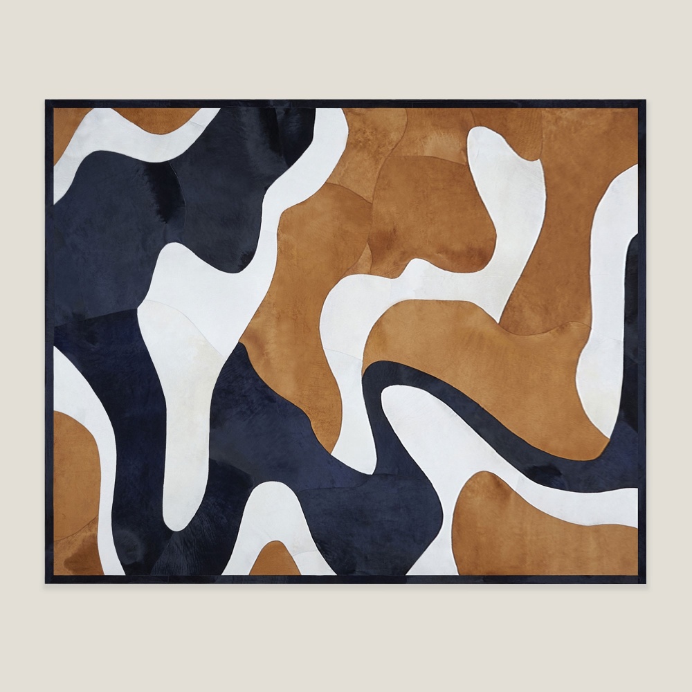 Rectangular cowhide rug. Wave pattern in navy blue, camel and white by Norki