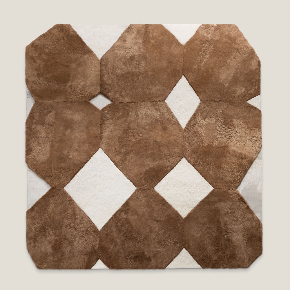 Large camel and white square rug with asymmetrical angles by Maison Norki