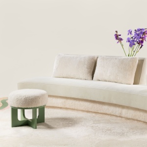 Buy a luxurious small elegant white and pastel green pouf, lacquered wooden legs, design by Maison Norki.