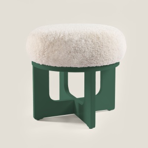 Buy a small designer nomadic furniture, wooden base green pouf with a comfortable white seat by Norki