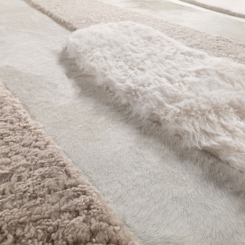 Rug, designer piece in natural white sheepskin and cowhide and beige shearling