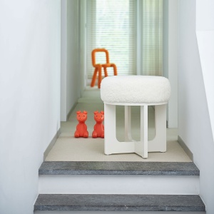 Large elegant white stool, luxurious shearling seat and lacquered wooden legs, Norki design