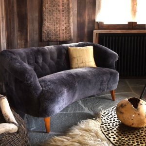 Vintage Scandinavian Swedish sofa in gray shearling, circa 1940. Curation Norki