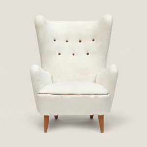 Large vintage Swedish armchair in white woollen skin with varnished beechwood legs - Norki curation