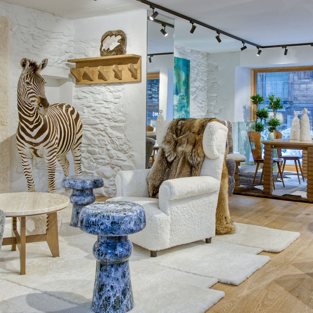 High-end rugs 100% made in France on display in the Norki boutique in Megève in the Alps