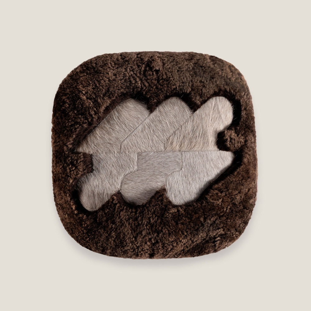 High-end cushion in dark brown shearling and beige cowhide by Norki workshops