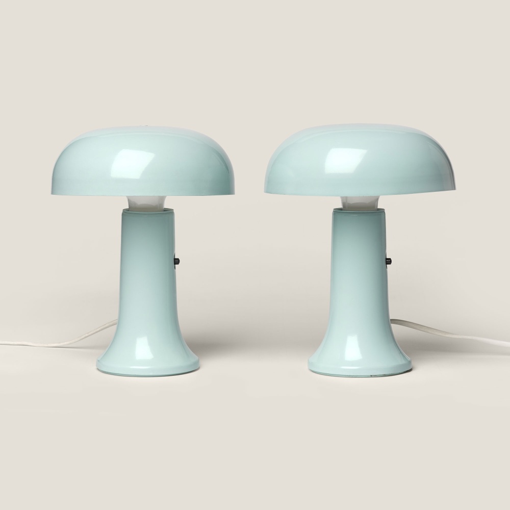 Pair of small vintage pale blue metal lamps