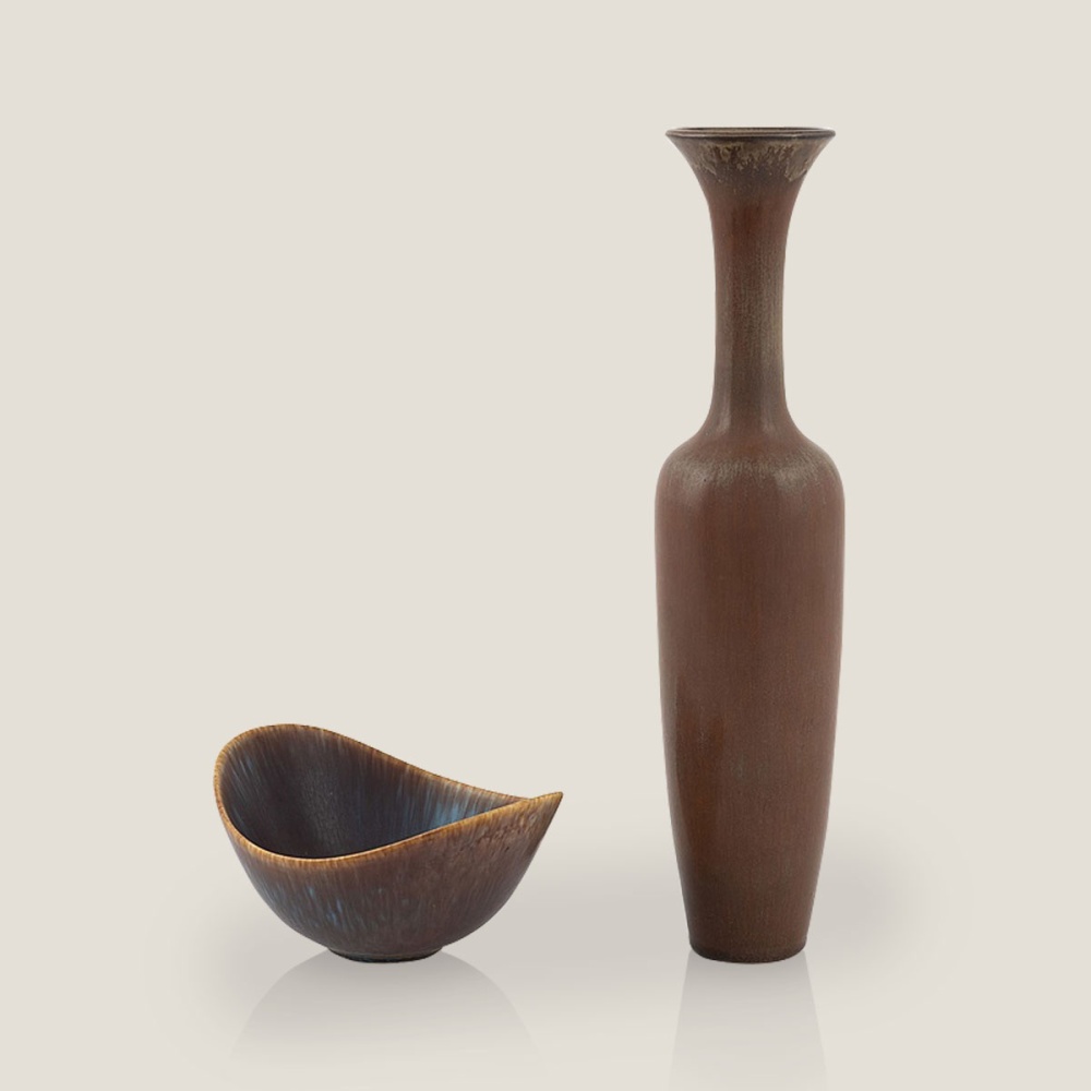 Scandinavian long vase and small bowl signed by Gunnar Nylund.