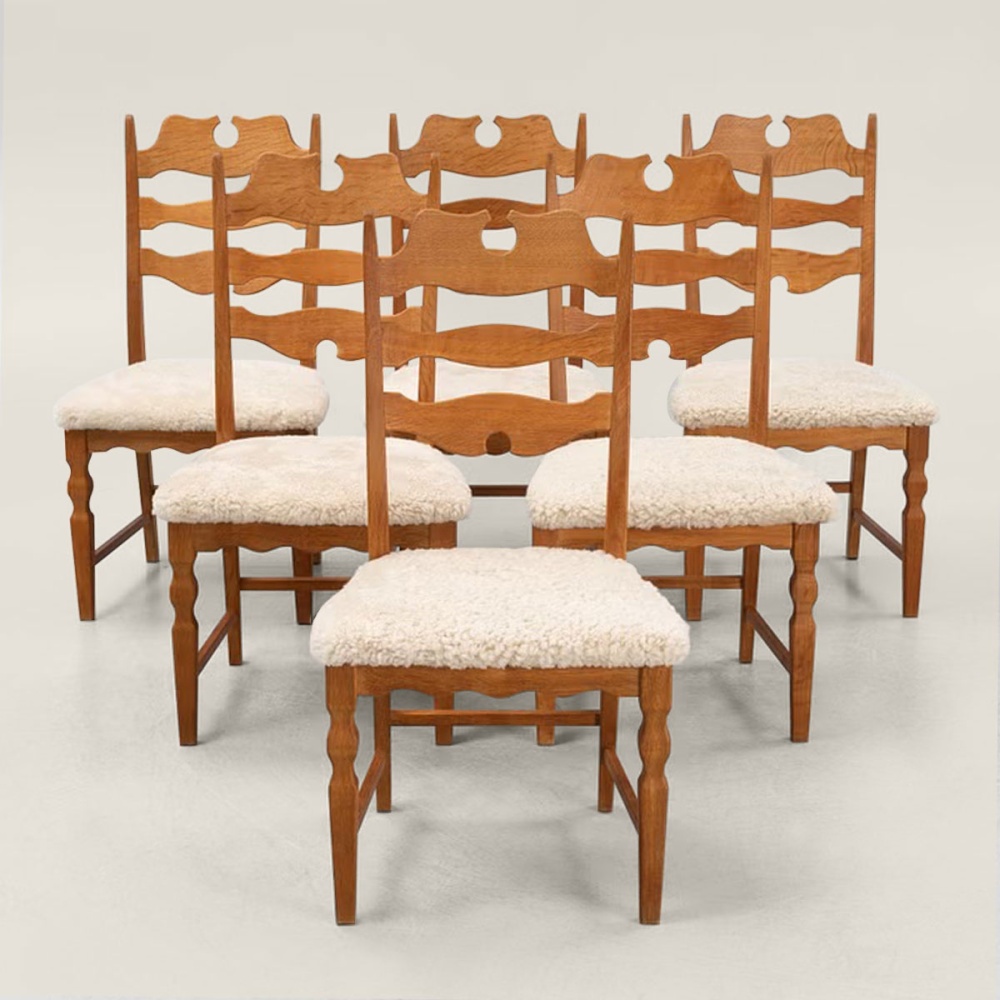 Six dining chairs sourced and restored by the Norki workshop.