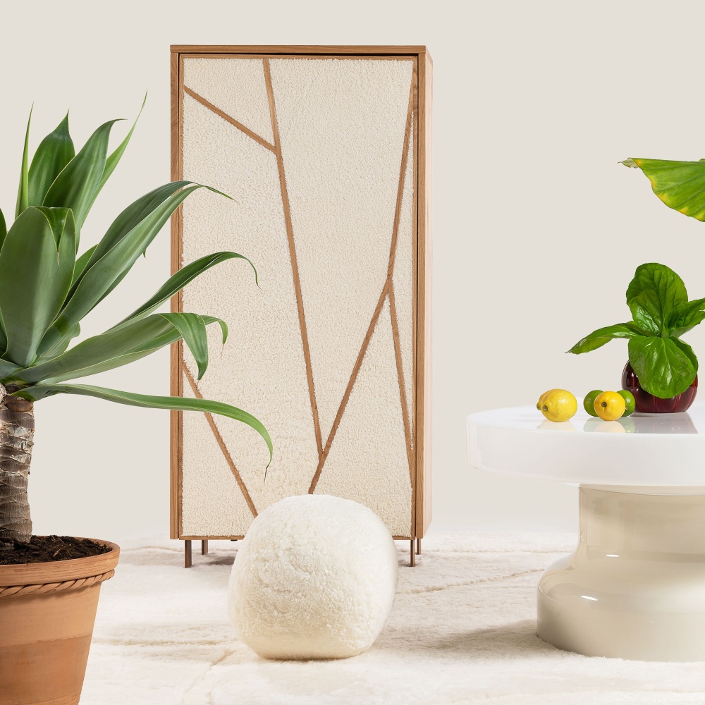 Wooden furniture, green plants, Signature ball cushion, and Bumling table.