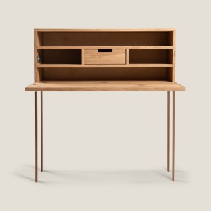 Modern secretary desk in solid oak and shearling, high-end designer furniture manufactured in France by Atelier Norki.