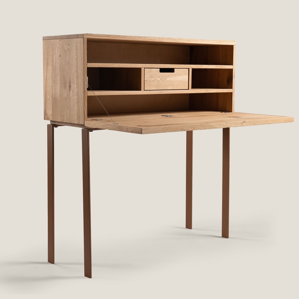 Secretary desk with a modern look with a hinged door that can be used as a writing desk.