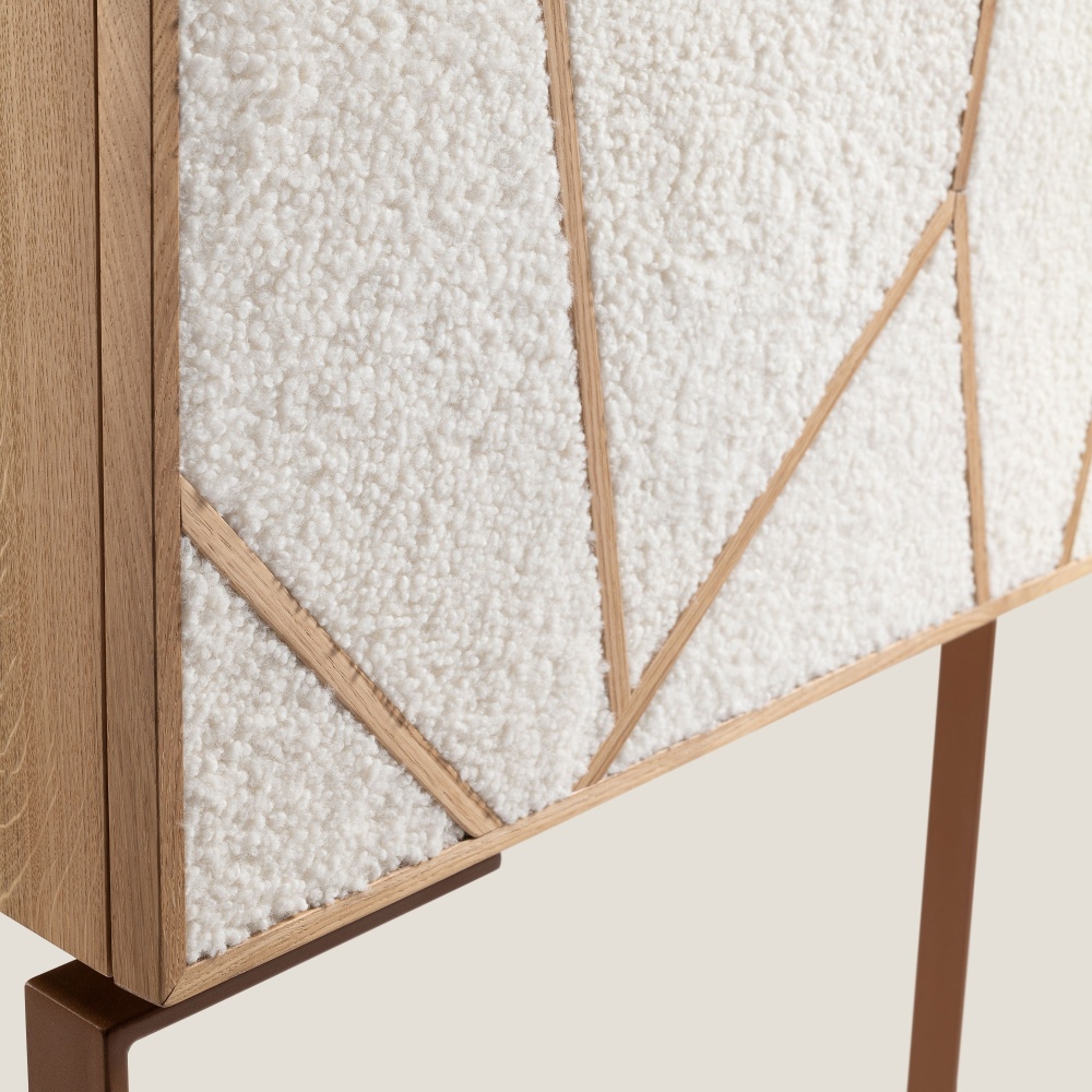 Designer Furniture made in France by Maison Norki revisiting a pretty work of oak marquetry and white shearling.