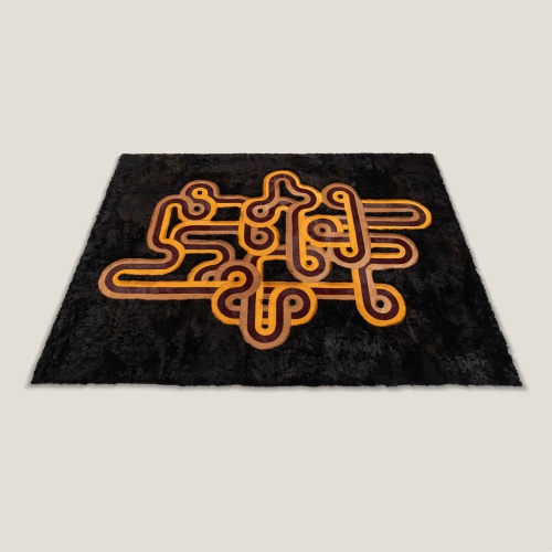 Large high quality rectangle rug in black, red, yellow, orange and red in natural hide