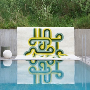 Large designer textured rug in bright yellow, green and white colors - Norki × Victoria-Maria Geyer collaboration