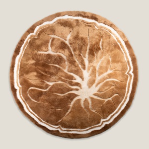 Round designer rug in Camel hides with sinuous white and beige pattern by Maison Norki