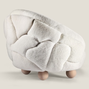 Large white designer armchair by NORKI. Natural solid oak ball feet, white curly shearling. Luxury made in FRANCE.