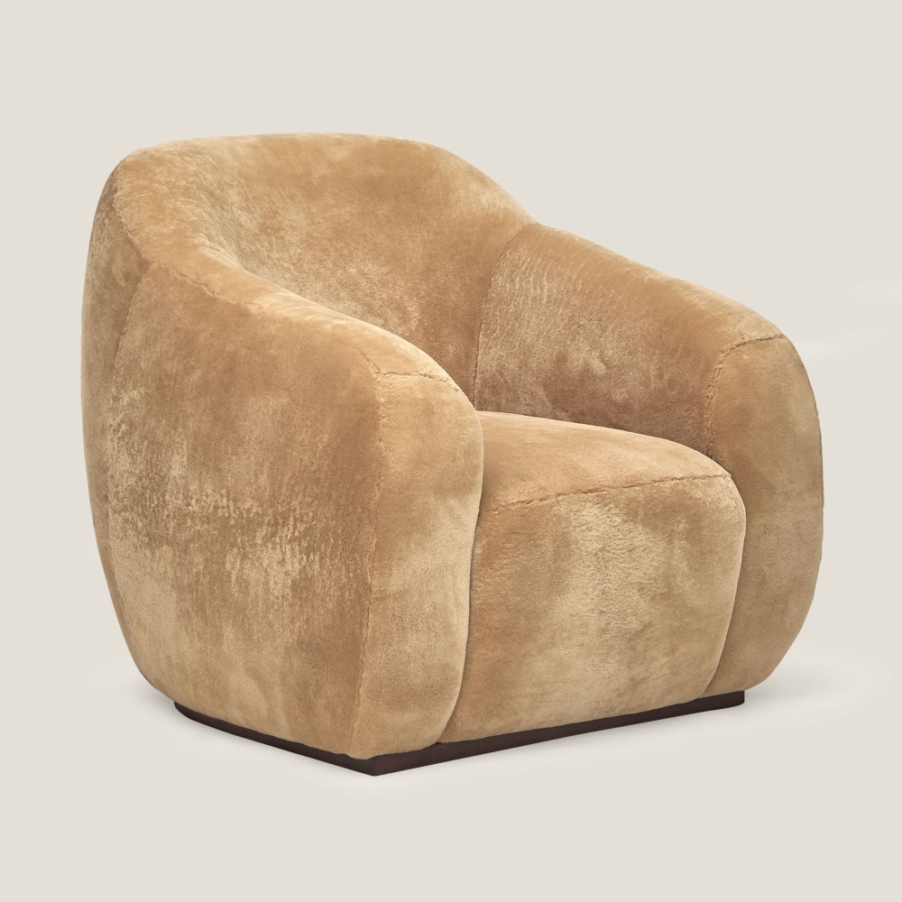 Coco armchair by Norki. Luxury furniture in golden beige shearling velvet available in white - Dimensions : W94 × H86 × D92 cm.