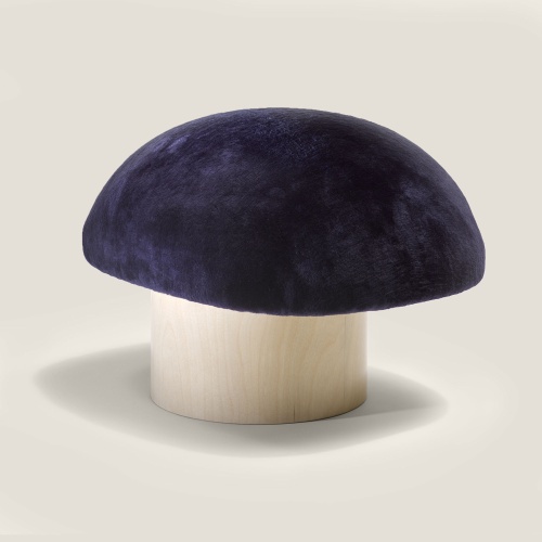 Children's pouf in dark blue shearling and beech wooden foot, Norki creation