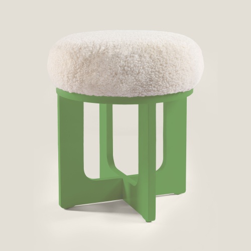 Elegant white and pastel green stool, curly shearling seat, lacquered wooden legs.