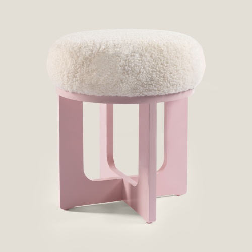 Elegant white and pink stool, curly shearling seat, lacquered wooden legs.