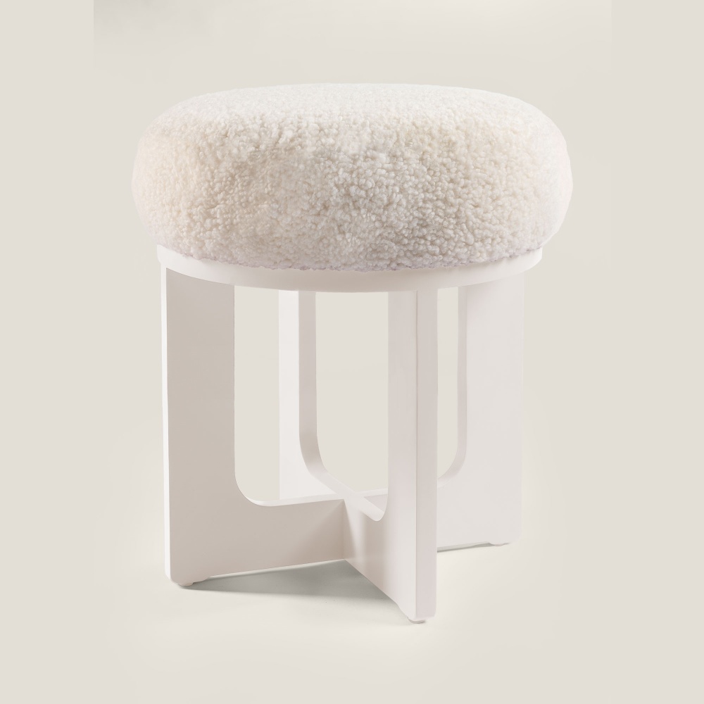 Large elegant white stool, luxurious shearling seat and lacquered wooden legs, Norki design