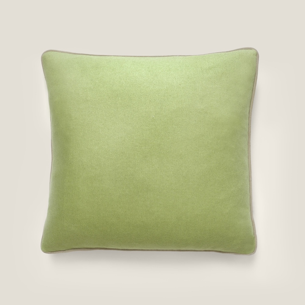 Refined cushion in light green cashmere and gray piping