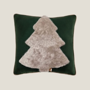 Chic green and gray square cushion with an abstract fir tree pattern made in France by Norki