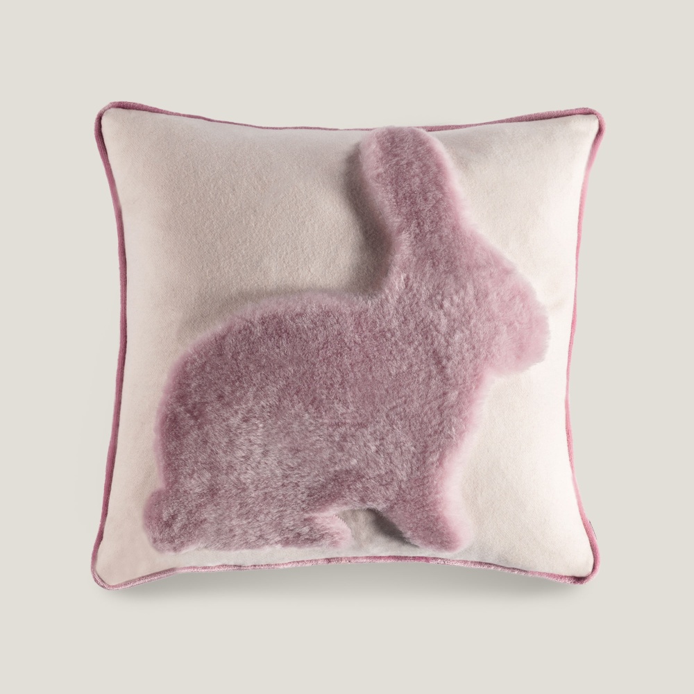 Large white and baby pink rabbit cushion in cashmere wool and shearling by Norki