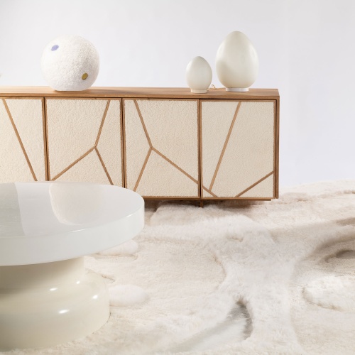 Solid walnut sideboard, Fontana Arte egg lamp and vintage coffee table with a luxury white ball cushion