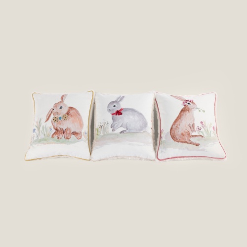 Series of high-end designer cushions for children with a naive rabbit motif