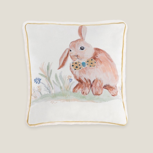 Acheter un coussin luxueux cadeau avec un motif de naissance petit lapin - Création Norki