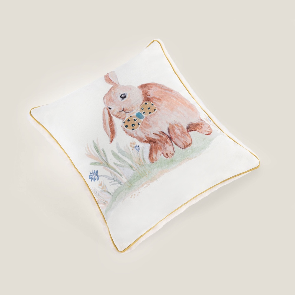 Acheter en cadeau pour bébé  un coussin en velours et mouton avec un motif de lapin