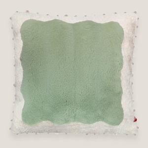 Pastel green square cushion, 1,64 × 1,64 ft, trimmed with silk tassels.