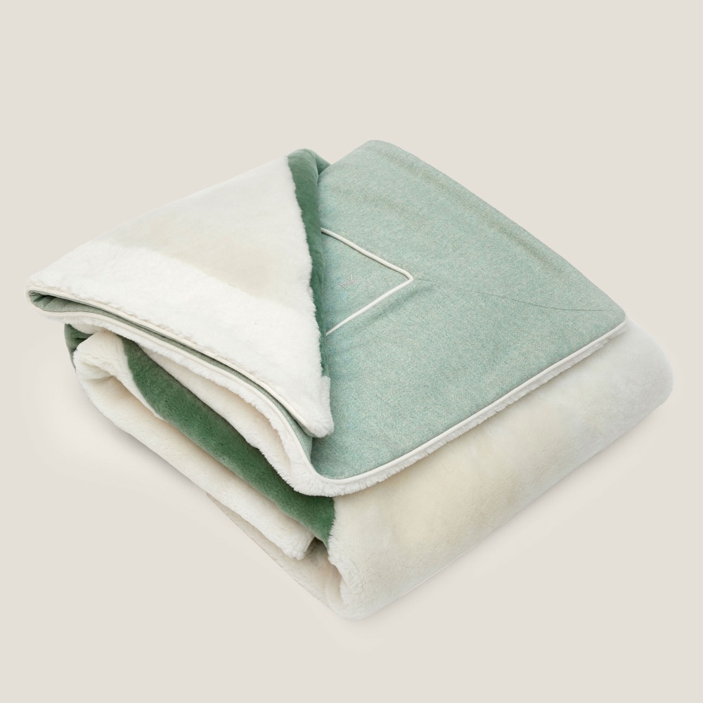 White and green shearling blanket, matching hand-sewn lining