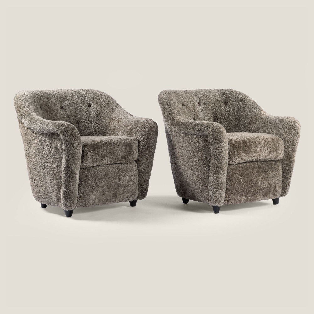 Luxurious pair of vintage armchairs in bronze green sheepskin - Curation Norki