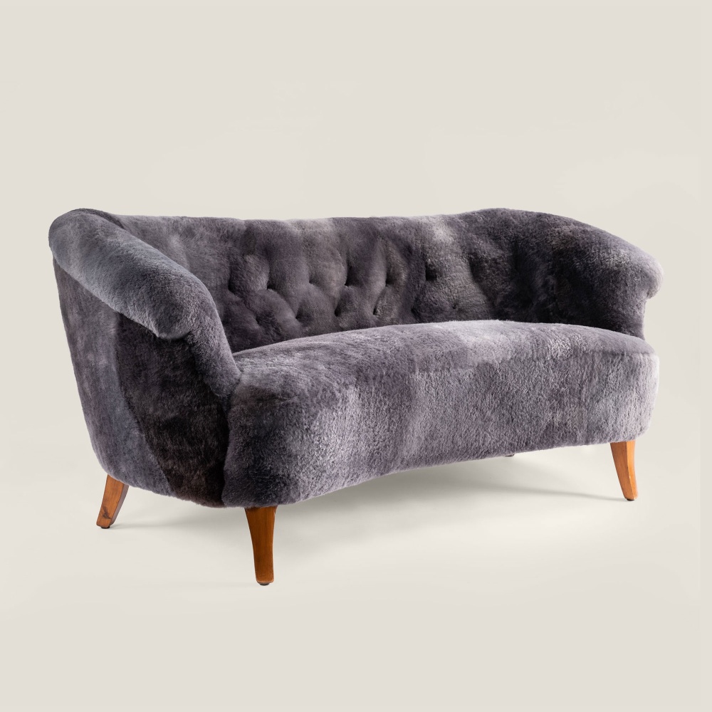 Vintage Scandinavian Swedish sofa in gray shearling, circa 1940. Curation Norki