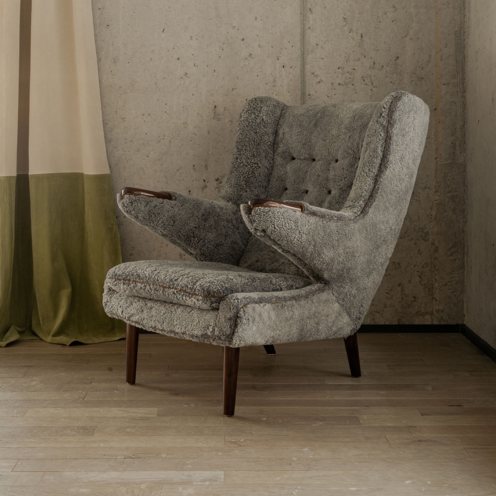 Vintage Scandinavian Eda Collection armchair in gray shearling for an elegant and masculine living room decoration