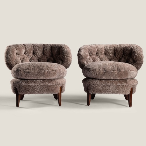 Rare designer armchair in high-end beige sheepskin Norki