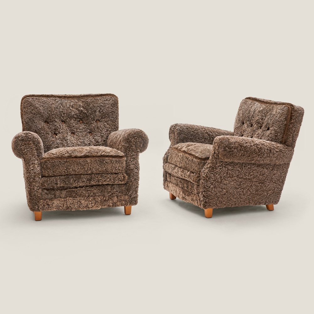 Pair of brown curly armchairs, Scandinavian design from the 1950s.