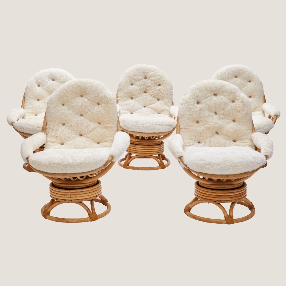 Set of 5 vintage bamboo and rattan armchairs, boho-chic design from the 1950s