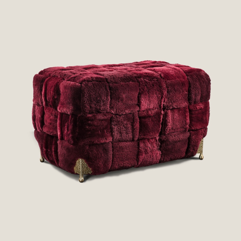 Large burgundy stool in sheared sheepskin and brass feet, top of the range.