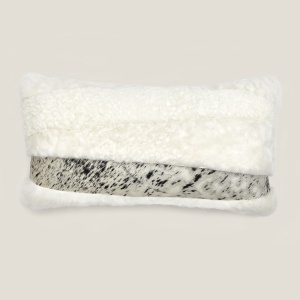 Square Zima rectangle cushion in mottled cowhide and natural sheepskin.