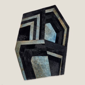 Asymmetrical designer rug in blue/green and black from the Forest collection.