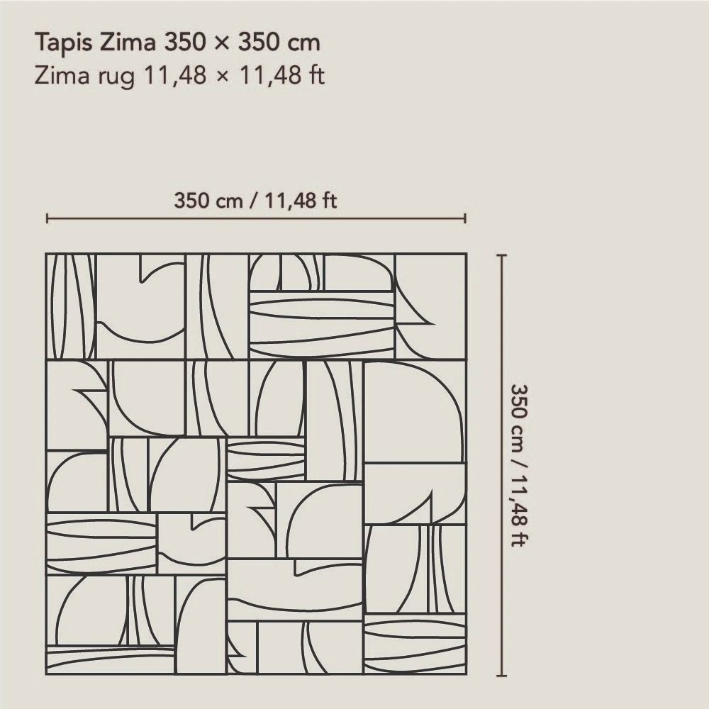 Sketches of our Zima rug in  350  × 350 cm et 11,48 × 11,48 ft.