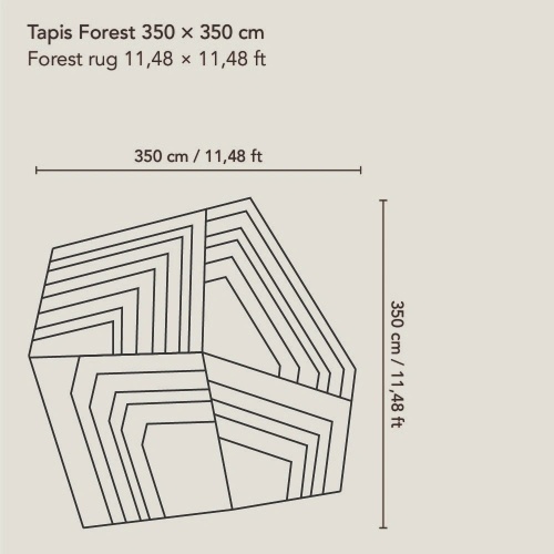 Sketches of our Forest rug in 350 × 350 cm et 11,48 × 11,48 ft.