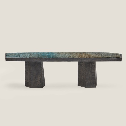 Bench in blue/green cowhide and blackened solid oak, Brutalist style.